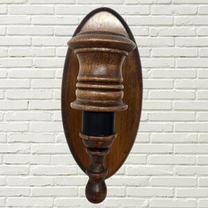 Vintage Solid Wooden Wall Sconce With Black Metal Single Candle Holder Oval